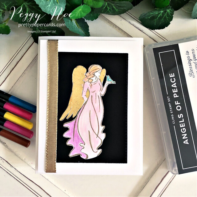 Handmade Angel Card made with the Angels of Peace stamp set by Stampin' Up! created by Peggy Noe of Pretty Paper Cards #peggynoe #prettypapercards #prettypapercards.com #stampinup #stampingup #angelsofpeace #christmascard #angelcard #christmasangel #gildedleafing #goldangelwings