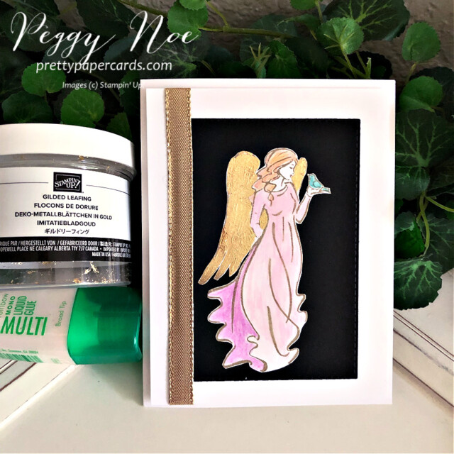Handmade Angel Card made with the Angels of Peace stamp set by Stampin' Up! created by Peggy Noe of Pretty Paper Cards #peggynoe #prettypapercards #prettypapercards.com #stampinup #stampingup #angelsofpeace #christmascard #angelcard #christmasangel #gildedleafing