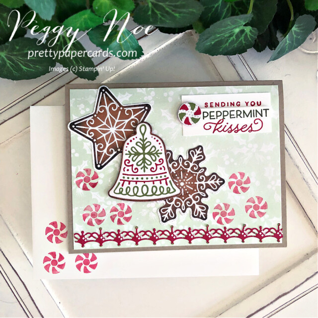Handmade Christmas card using the Gingerbread & Peppermint Suite by Stampin' Up! created by Peggy Noe of Pretty Paper Cards #peggynoe #prettypapercards #prettypapercards.com #gingerbread&peppermint #gingerbread&Peppermintsuite #christmascard #gingerbreadcard #peppermintcard #holidaycard