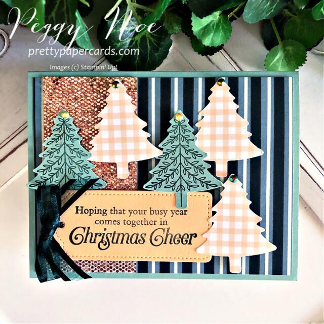 Handmade Christmas Card using the Be Dazzling Paper and the Perfectly Plaid stamp set by Stampin' Up! created by Peggy Noe #peggynoe #perfectlyplaid #pinetreepunch #christmascard #holidaycard #christmascard #holidaycard #paperchristmastree #bedazzlingpaper #tailormadetagdies #palepapaya #christmastreecard