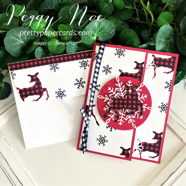 Peaceful Deer Stampin' Up! Peggy Noe #christmascard #reindeercard #peacefuldeer #peacefuldeerbundle #peacefulprints #peacefulprintsdsp #peacefulprintspaper #reindeercard #ornateframes #fancyfoldcard