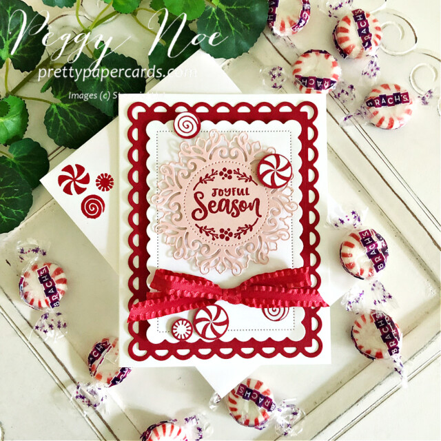Handmade Peppermint Christmas card using the Encircled in Friendship Bundle by Stampin' Up! created by Peggy Noe #peppermintcard #peggynoe #prettypapercards #gingerbread&peppermint #encircledinfriendship