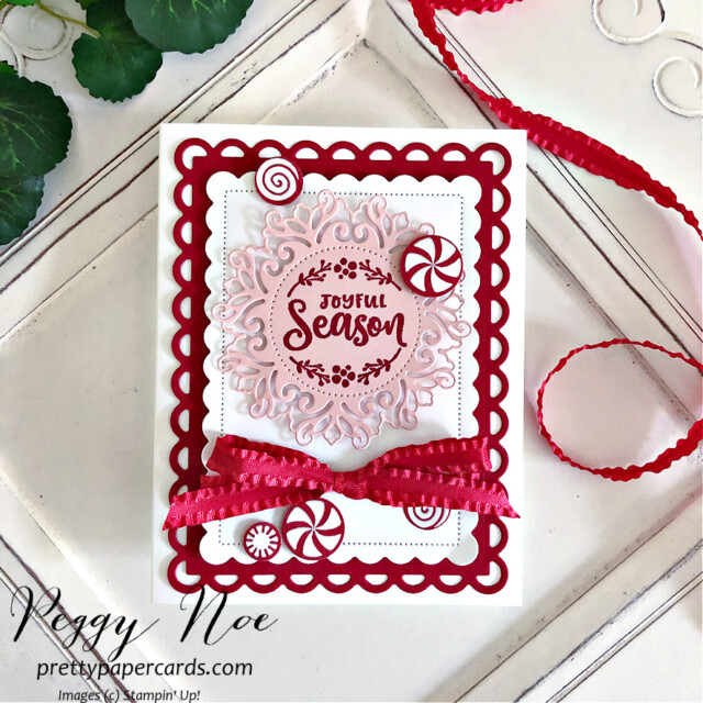 Handmade Peppermint Christmas card using the Encircled in Friendship Bundle by Stampin' Up! created by Peggy Noe #peppermintcard #peggynoe #prettypapercards #gingerbread&peppermint #encircledinfriendship #christmascard #peppermintcandies #stampinup