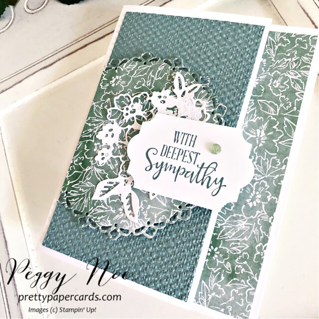 Handmade sympathy card using Peaceful Moments stamp set by Stampin' Up! created by Peggy Noe of Pretty Paper Cards #sympathycard #peacefulmomemts #peggynoe #prettypapercards #stampinup #stampingup #sympathy #handpenned