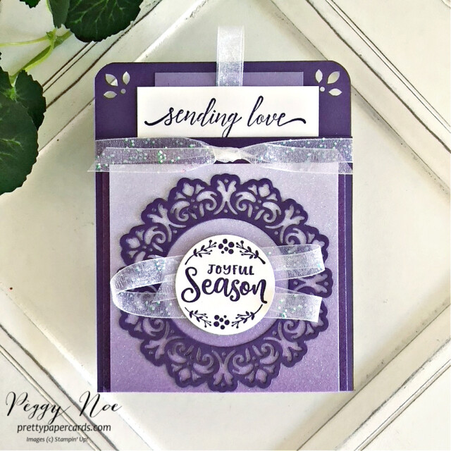 Handmade Christmas Card using the Encircled in Warmth set by Stampin' Up! by Peggy Noe of prettypapercards.com #encircledinwarmth #heartfeltwishes #peggynoe #prettypapercards #stampinup #stampingup #pocketcard #purplecard