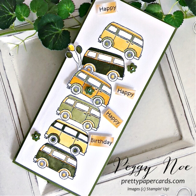 Handmade Happy Birthday Card made with the Driving By Stamp Set by Stampin' Up! by Peggy. Noe of Pretty Paper Cards #drivingby #drivingbystampset #peggynoe #prettypapercards #stampinup #stampingup #volkswagonbuscard #birthdaycard #drivingbystampset #saleabration