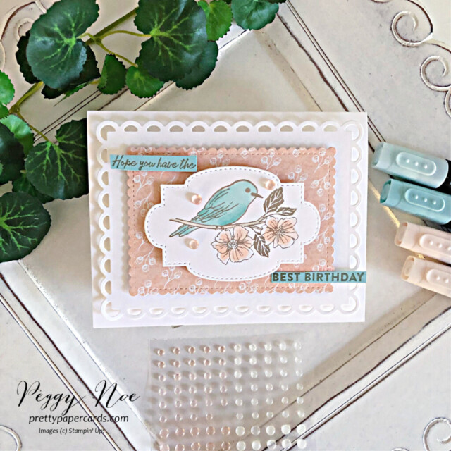 Handmade birthday card made with the Friendly Hello stamp set by Stampin' Up! created by Peggy Noe of Pretty Paper Cards #birthdaycard #friendlyhello #stampinup #stampingup #peggynoe #prettypapercards #birdcard #stampinblends
