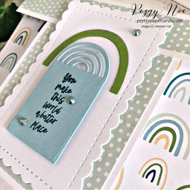Handmade card using the Rainbow of Happiness Bundle by Stampin' Up! created by Peggy Noe of Pretty Paper Cards #rainbowofhappiness #stampinup #stampingup #peggynoe #prettypapercards #funfoldcard #sunshine&rainbowspaper