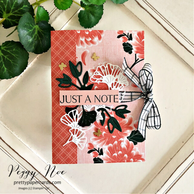 Handmade notebook made with the Symbols of Fortune Suite by Stampin' Up! created by Peggy Noe of Pretty Paper Cards #symboloffortune #craneoffortune #handmadenotebook #peggynoe #prettypapercards #stampinup #stampingup #littlenotebook #flowingflowers