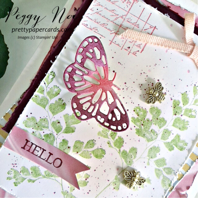 Handmade card using Ranuculus Romance by Stampin' Up! created by Peggy Noe of Pretty Paper Cards #ranunculusromance #stampinup #stampingup #peggynoe #prettypapercards #positivethoughtsstampset #brilliantwingsdies #butterflies