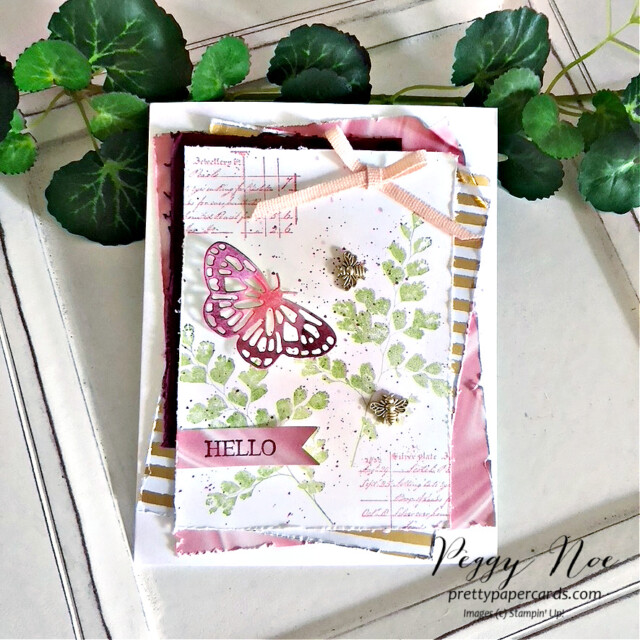 Handmade card using Ranuculus Romance by Stampin' Up! created by Peggy Noe of Pretty Paper Cards #ranunculusromance #stampinup #stampingup #peggynoe #prettypapercards #positivethoughtsstampset #brilliantwingsdies