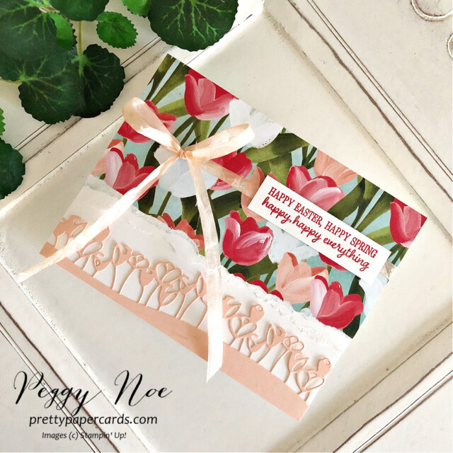 Handmade Easter Card made with Timeless Tulips Stamp Set by Stampin' Up! created by Peggy Noe of Pretty Paper Cards #peggynoe #prettypapercards #stampinup #stampingup #timelesstulips #floweringfields #tulipsdies #petalpinkcardstock #eastercard