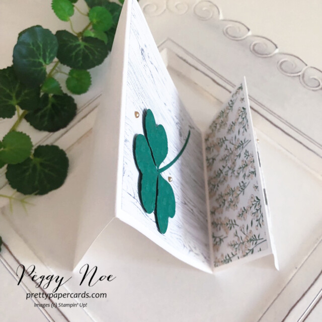 Handmade Shamrock Fun Fold Card Stampin' Up! created by Peggy Noe of Pretty Paper Cards #shamrockcard #stpatricksdaycard #craneoffortunestampset #stampinup #stampingup #peggynoe #prettypapercards #stpatricksdaycard