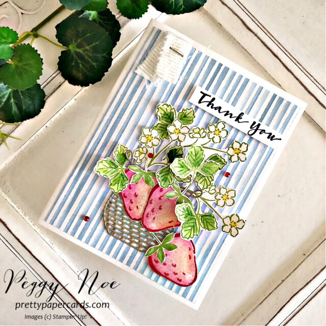 Handmade Thank You Card made with the Sweet Strawberry. Stamp Set by Stampin' Up! created by Peggy Noe of Pretty Paper Cards #sweetsyrawberrystampset #peggynoe #prettypapercards #stampinup #stampingup #strawberriesinabasketcard
