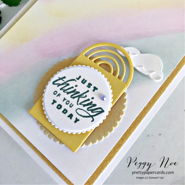 Handmade thinking of. you card made with the Rainbow of Happiness Bundle by Stampin' Up! created by Peggy Noe of Pretty Paper Cards #peggynoe #prettypapercards #stampinup #stampingup #rainbowofhappiness #gdp335 #rainbowcard