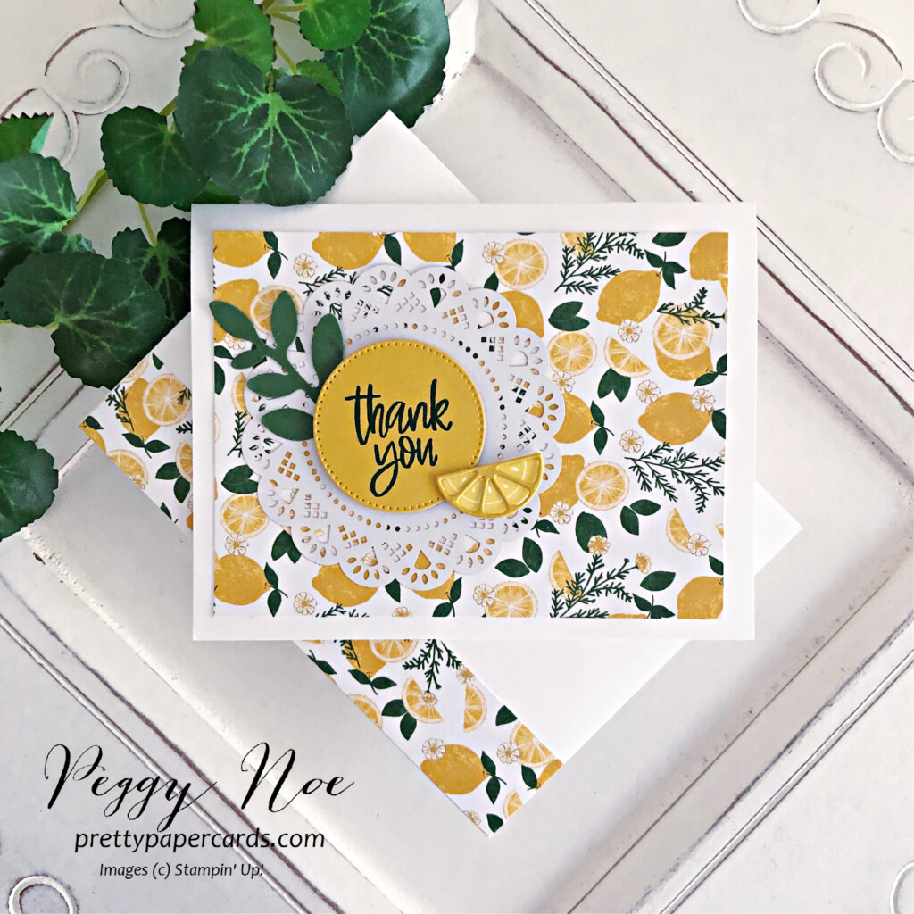 Handmade Thank You Card made with the Tea Boutique Suite by Stampin' Up! created by Peggy Noe of Pretty Paper Cards #lemoncard #teaboutiquelemoncard #teaboutiquecard #stampinup #peggynoe #prettypapercards