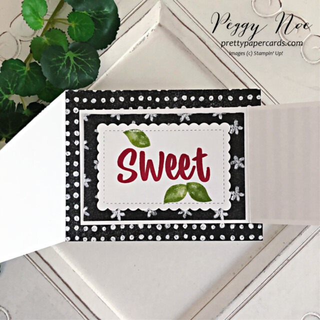 Handmade fun fold thank you card made with the Sweetest Cheeries stamp set by Stampin' Up! created by Peggy Noe of Pretty Paper Cards #sweetestcheeries. #stampinup #stampingup #peggynoe #prettypapercards #sweetestcherriesbundle #funfoldcard #perfectlypencileddsp