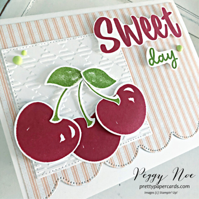 Handmade card made with the Sweetest Cherries Stamp Set by Stampin' Up! and created by Peggy Noe of prettypapercards.com #sweetestcherriesstampset #stampinup #peggynoe #prettypapercards #stampingup