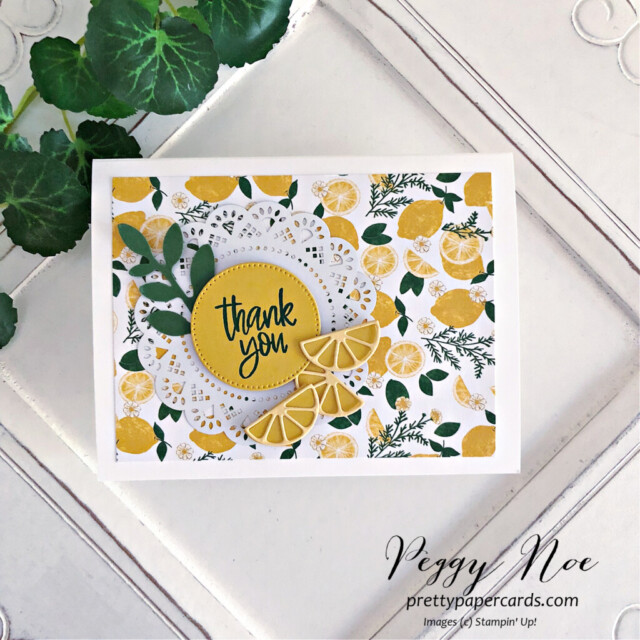 Handmade Thank You Card made with the Tea Boutique Suite by Stampin' Up! created by Peggy Noe of Pretty Paper Cards #lemoncard #teaboutiquelemoncard #teaboutiquecard #stampinup #peggynoe #prettypapercards #thankyoucard #lemoncard #thankyoucard