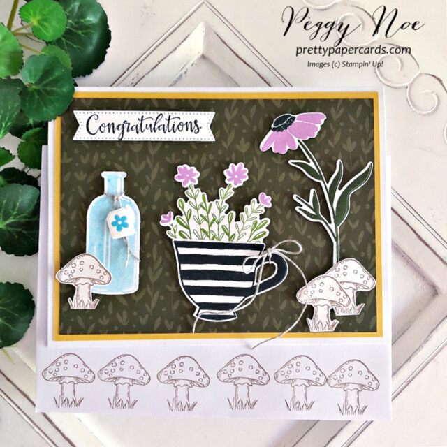 Handmade congratulations card made with the Cup of Tea stamp set by Stampin' Up! created by Peggy Noe of Pretty Paper Cards #congratulationscard #cupofteastampset #bottledhappinessstampset #congratulationscard #peggynoe #stampinup #prettypapercards #stampingup #peacefulmomentsstampset