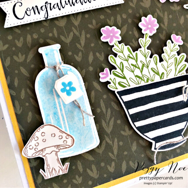 Handmade congratulations card made with the Cup of Tea stamp set by Stampin' Up! created by Peggy Noe of Pretty Paper Cards #congratulationscard #cupofteastampset #bottledhappinessstampset #congratulationscard #peggynoe #stampinup #prettypapercards #stampingup #peacefulmomentsstampset #sendingsmilesstampset