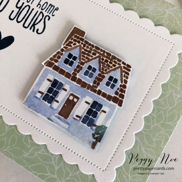 From our home card made with Rings of Love paper by Stampin' Up! created by Peggy Noe of Pretty Paper Cards #ringsoflovedsp #sweetgingerbreadstampset #stampinup #peggynoe #prettypapercards #stampingup #fromourhometoyours #sweetgingerbreadstampset #christmascard #scallopedcontourdies