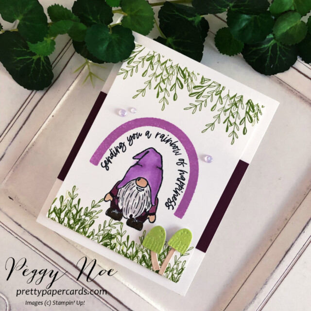 Handmade card using the Kindest Gnomes Bundle by Stampin' Up! created by Peggy Noe of Pretty Paper Cards #kindestgnomes #stampinup #peggynoe #prettypapercards #kindestgnomescard #cupofteastampset #rainbowofhappinessstampset #gnomecard