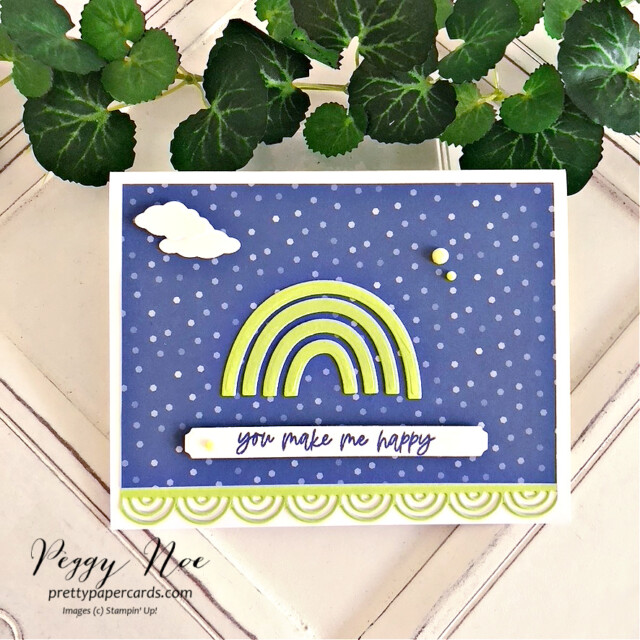 Handmade all occasion card made with the Rainbow of Happiness Bundle by Stampin' Up! created by Peggy Noe of Pretty Paper Cards #peggynoe #prettypapercards #rainbowofhappiness #brilliantrainbowdies #rainbowcard #parakeetparty #orchidoasis
