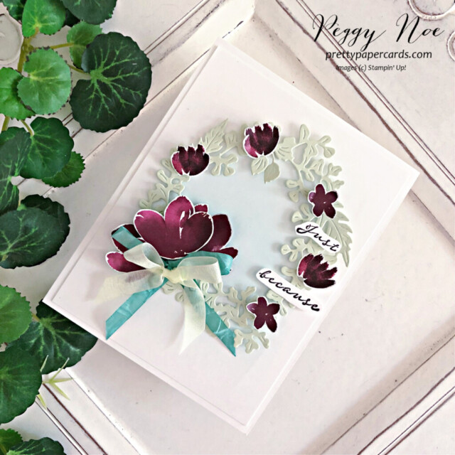Handmade all-occasion card made with the True Beauty Stamp Set and Natural Prints Dies by Stampin' Up! designed by Peggy Noe of Pretty Paper Cards #truebeautystampset #naturalprintsdies #stampinup #peggynoe #prettypapercards #gdp353 #stampingup #wreathcard #blenderbrushes #truebeautywreath #doublebowcard