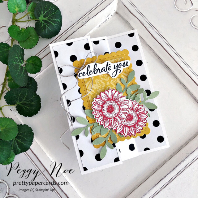 Handmade Fun-Fold Birthday Card made with the Celebrate Sunflowers stamp set by Stampin' Up! created by Peggy Noe of Pretty Paper Cards #celebratesunflowersstampset #birthdaycard #stampinup #peggynoe #prettypapercards #triplefunfoldcard #sunflowerdies #handmadefunfoldcard