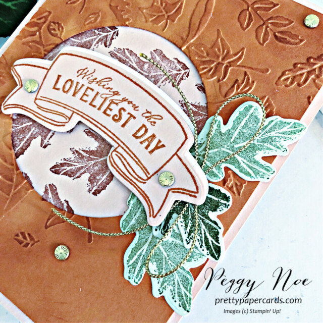Handmade Birthday Card made with the Hello Harvest Bundle by Stampin' Up! created by Peggy Noe of Pretty Paper Cards #birthdaycard #stampinup #peggynoe # prettypapercards #helloharvestbundle #fallbirthdaycard #leaffall3dembossinffolder