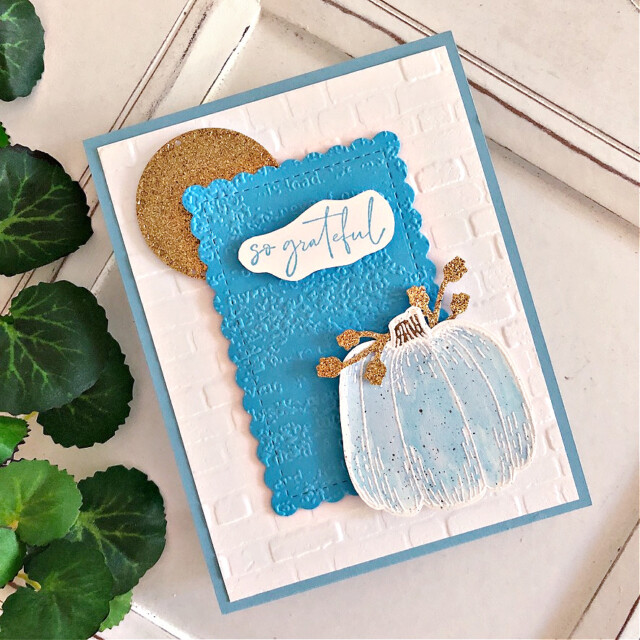 Handmade Pumpkin Thank You Card made with the Hello Harvest stamp set by Stampin' Up! created by Peggy Noe of Pretty Paper Cards #helloharveststampset #softseedlingsstampset #thankyoucard #prettypapercards #stampingup #bluepumpkin