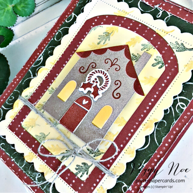 Handmade Fall Gingerbread House Card made with the Sweet Gingerbread stamp set by Stampin' Up! created by Peggy Noe of Pretty Paper Cards #sweetgingerbread #sweetgingerbreadbundle #stampinup #peggynoe #prettypapercards #stampingup #windowdies #blendingbrushes #rusticharvestdsp
