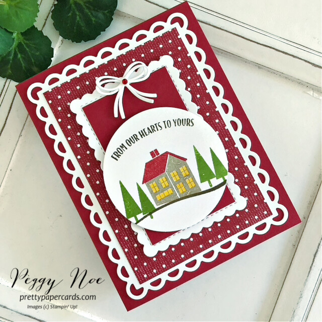Handmade the Christmas card made with the Window Wishes Bundle by Stampin' Up! created by Peggy Noe of Pretty Paper Cards #windowwishesbundle #stampinup #peggynoe #prettypapercard #Christmascard #christmashouse #scallopedcontourdies #sweetestchristmasdsp