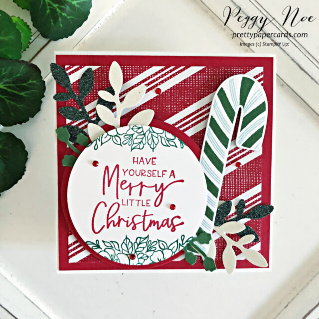 Handmade Square Candy Cane Christmas Card made with the Framed & Festive Stamp Set by Stampin' Up! created by Peggy Noe of Pretty Paper Cards #sweetestchristmaspaper #framed&festivestampset #christmascard #stampinup #peggynoe #prettypapercards