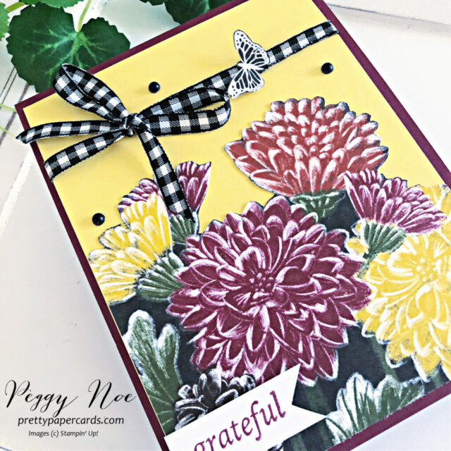 Handmade Grateful Card made with the Rustic Harvest paper by Stampin' Up! created by Peggy Noe of Pretty Paper Cards #stampinup #peggynoe #prettypapercards #rusticharvestdsp #cottagewreathsstampset #helloharveststampset #gratefulcard #thankyoucard #thanksgivingcard #floralthankyoucard