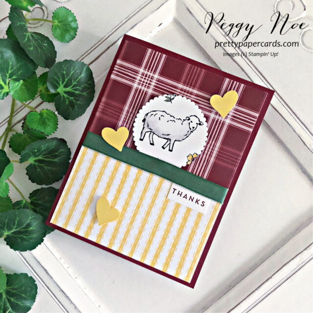 Handmade Thank You Card made with Day at the Farm dsp by Stampin' Up! and created by Peggy Noe of Pretty Paper Cards #thankyoucard #dayatthefarmdsp #stampinup #peggynoe #prettypapercards #stampingup #countrybouquetpunch #thankyou #lambcard