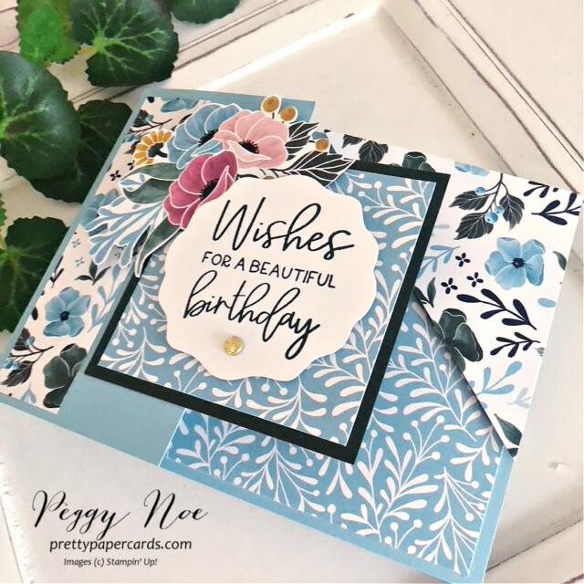 Handmade Fun-Fold Birthday Card made with the Framed Florets stamp set by Stampin' Up! created by Peggy Noe of Pretty Paper Cards #framedfloretsstampset #fittingfloretsdesignerseriespaper #stampinup #peggynoe #prettypapercards #funfoldcard