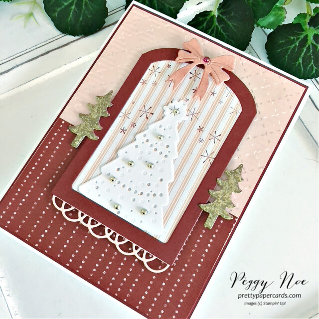 Handmade Christmas Card made with the Window Wishes Bundle by Stampin' Up! created by Peggy Noe of Pretty Paper Cards #windowwishesbundle #stampinup #peggynoe #prettypapercards #christmascard #christmastreecard #christmaslightsdies