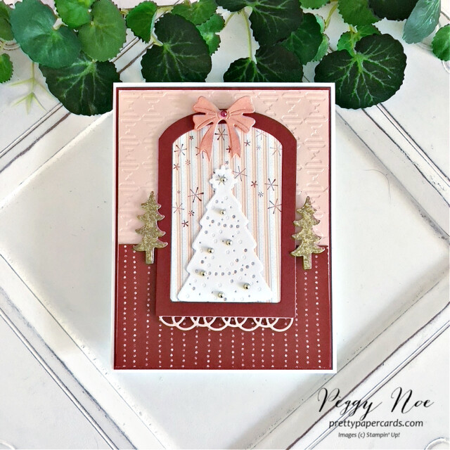 Handmade Christmas Card made with the Window Wishes Bundle by Stampin' Up! created by Peggy Noe of Pretty Paper Cards #windowwishesbundle #stampinup #peggynoe #prettypapercards #christmascard #christmastreecard #christmaslightsdies #countrywreathsdies