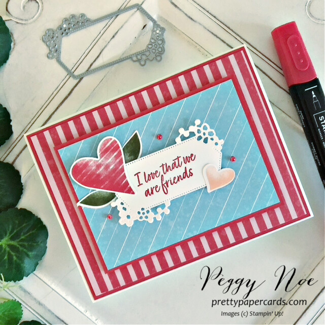 Handmade freind card made with the Country Bouquet Bundle by Stampin' Up! created bt Peggy Noe of Pretty Paper Cards #countrybouquetbundle #peggynoe #prettypapercards #stampinup #valentinecard #stampingup #sentimentalparkdies