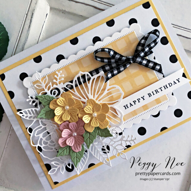 Handmade Layered Birthday Card made with Apple Blossom Dies by Stampin' Up! created by Peggy Noe of Pretty Paper Cards #appleblossomdies #birthdaycard #stampinup #peggynoe #prettypapercards #stampingup #cottagerosestampset #artisticdies