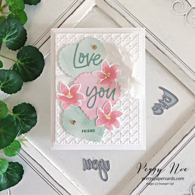 Handmade friend Valentine card made with the Love for You Bundle by Stampin' Up! created by Peggy Noe of Pretty Paper Cards #loveforyoubundle #peggynoe #prettypapercards #stampinup #stampingup #valentinecard #heartpunchpack