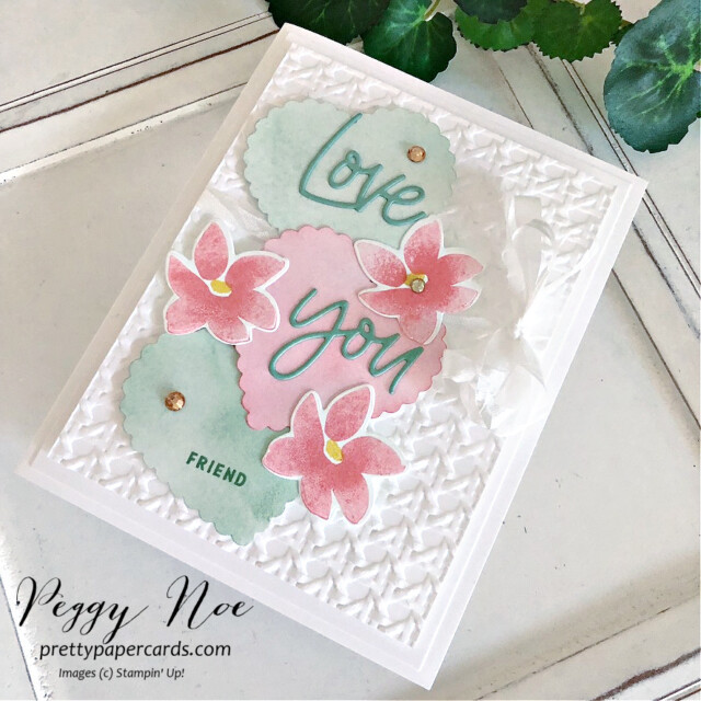 Handmade friend Valentine card made with the Love for You Bundle by Stampin' Up! created by Peggy Noe of Pretty Paper Cards #loveforyoubundle #peggynoe #prettypapercards #stampinup #stampingup #valentinecard #heartpunchpack #worddies