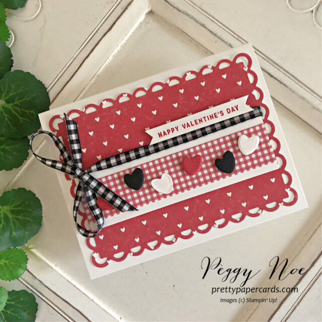 Handmade Valentine Card made with the Country Floral Lane Paper designed by Peggy Noe of Pretty Paper Cards #valentine #valentinecard #peggynoe #prettypapercards #countryflorallanedsp #redvalentinecard #loveforyoubundle #countryginghamdsp #blackginghamribbon