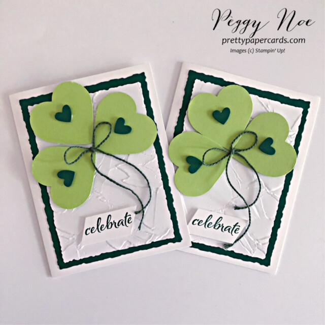 Handmade Shamrock Card made with Stampin' Up! products and created by Peggy Noe of Pretty Paper Cards #shamrockcard #stpatricksdaycard #stampinup #peggynoe #prettypapercards #irishcard #stampingup