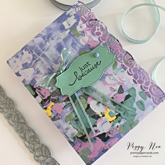Handmade Just Because Card made with the Fancy Flora Designer Paper by Stampin' Up! created by Peggy Noe of Pretty Paper Cards #peggynoe #prettypapercards #fancyflorapaper #fancyfloradsp #naturalprintsdies #elegantbordersdies #stampinup #stampingup #prettypapercards