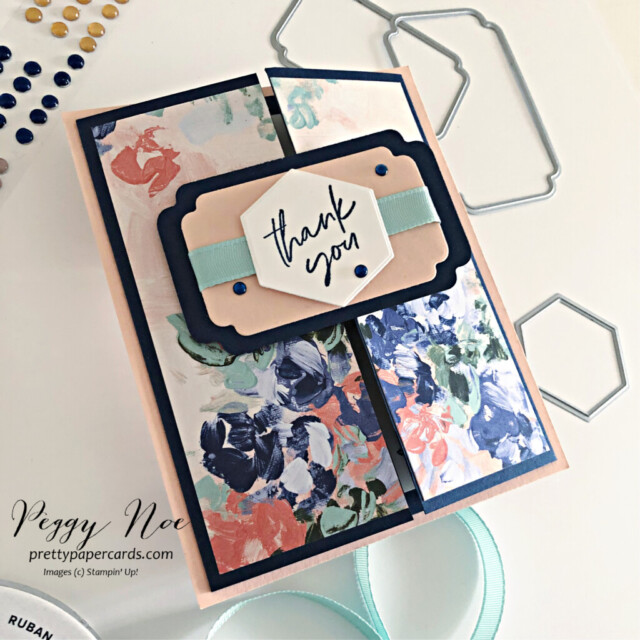 Handmade thank you card made with the Something Fancy Bundle by Stampin' Up! created by Peggy Noe of Pretty Paper Cards #somethingfancybundle #thankyoucard #stampinup #peggynoe #prettypapercards #stampingup #thankyoucard #fancyfloradsp #gatefoldcard