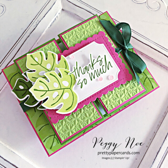 Handmade double gatefold card made with the Tropical Leaf Bundle by Stampin' Up! created by Peggy Noe of Pretty Paper Cards #tropicalleafbundle #doublegatefoldcard #stampinup #peggynoe #stampingup #prettypapercards #funfoldcard